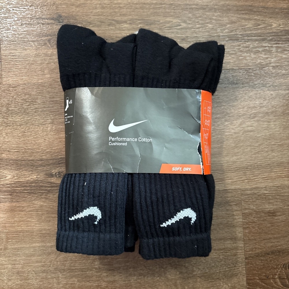 Nike Performance Cotton Cushioned Socks Mens Size 8-12 Black Crew 6 Pairs NEW